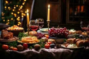 ai generato festivo tavolo servito per Natale cena con un' varietà di cibo e vino, un' foto di Natale tavolo con cibo, ai generato