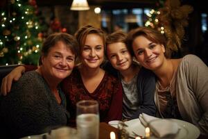 ai generato ritratto di contento famiglia seduta nel bar con Natale albero nel sfondo, un' foto di attraente femmina su Natale commensale con famiglia, ai generato