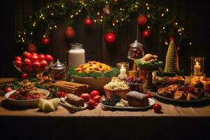 ai generato Natale tavolo con tradizionale cibo e Natale decorazione. selettivo messa a fuoco, un' foto di Natale tavolo con cibo, ai generato