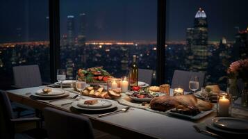 ai generato nuovo anno cena. nuovo anno celebrazione e cibo concetto foto