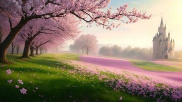 ai generato bellissimo primavera paesaggio con ciliegia fioritura alberi e un' castello nel il sfondo foto