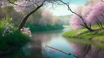 ai generato bellissimo primavera paesaggio con fiume e rosa sakura fiore. foto