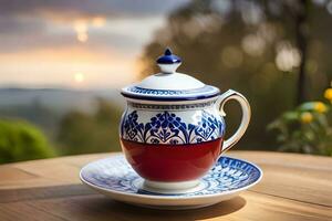 ai generato un' blu e bianca Cina teiera e un' tazza di tè su un' di legno tavolo in. ai-generato foto