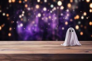 ai generato Halloween vacanza concetto con fantasma su di legno tavolo al di sopra di sfocato bokeh sfondo foto