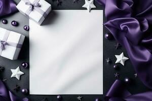 ai generato Natale saluto carta modello con regalo scatole e viola raso stoffa foto