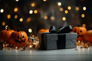 ai generato Halloween decorazione con zucche e regalo scatola su bokeh sfondo foto