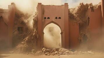 ai generato distrutto arabo case, tempesta di sabbia foto