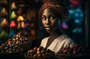 ai generato nero cioccolatiere donna nel dolce negozio. creare ai foto