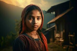 ai generato nepalese etnico villaggio ragazza. creare ai foto