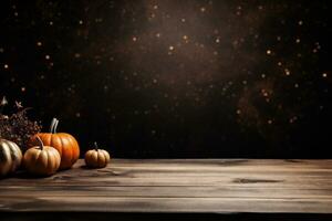 ai generato Halloween sfondo con zucche su di legno tavolo e spazio per testo foto