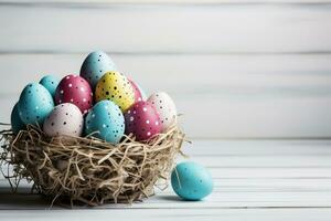 ai generato Pasqua uova nel nido su di legno sfondo. contento Pasqua carta. foto