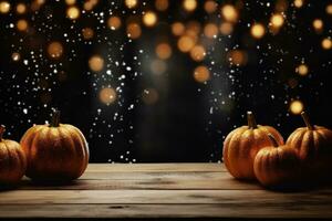 ai generato Halloween sfondo con zucche su di legno tavolo e bokeh luci foto