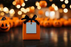 ai generato Halloween regalo scatola con vuoto prezzo etichetta su bokeh sfondo foto