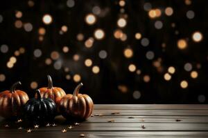 ai generato Halloween sfondo con zucche su di legno tavolo e bokeh luci foto