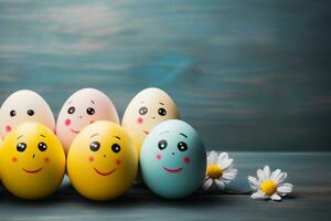 ai generato Pasqua uova con smiley facce e margherite su di legno sfondo foto