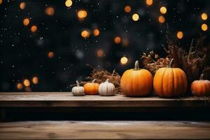 ai generato Halloween zucche su rustico di legno tavolo con bokeh sfondo foto