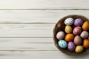 ai generato Pasqua uova nel nido su di legno sfondo. contento Pasqua carta. foto