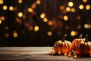 ai generato Halloween sfondo con zucche su di legno tavolo e bokeh luci foto