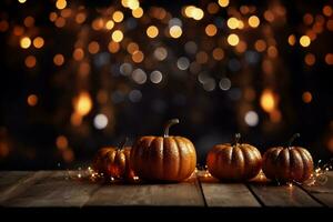 ai generato Halloween sfondo con zucche su di legno tavolo e bokeh luci foto