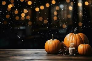 ai generato Halloween sfondo con zucche su di legno tavolo e bokeh luci foto