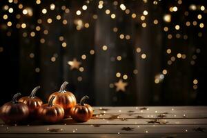 ai generato Halloween zucche su di legno tavolo con bokeh luci sfondo foto