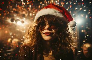 ai generato bellissimo giovane donna nel Santa cappello e occhiali da sole al di sopra di Natale sfondo. foto