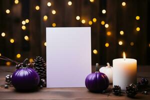 ai generato vuoto carta con Natale decorazione su di legno tavolo contro sfocato luci foto