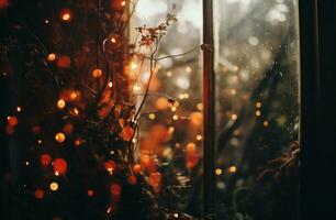 ai generato Vintage ▾ Natale luci su il finestra con bokeh sfondo. foto