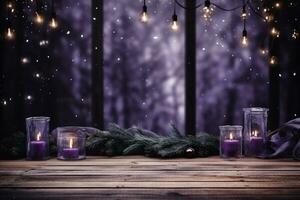 ai generato Natale sfondo con candele e abete rami su un' di legno tavolo. copia spazio. foto