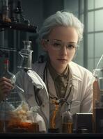 ai generato attraente bionda scienziato Lavorando nel laboratorio. scienza, chimica e tecnologia. foto
