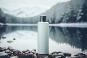 ai generato modello di un' bianca cosmetico bottiglia su il sfondo di un' montagna lago. foto