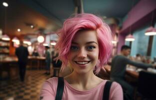 ai generato ragazza con rosa capelli Tenere smartphone assunzione un' autoscatto a ristorante foto