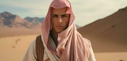 ai generato uomo nel il deserto vestito nel un arabo capi di abbigliamento foto