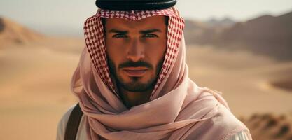 ai generato uomo nel il deserto vestito nel un arabo capi di abbigliamento foto