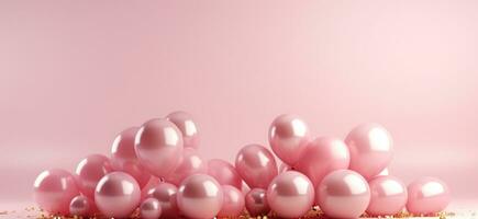 ai generato carino rosa Champagne palloncini con d'oro anelli su un' rosa sfondo foto