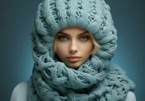 ai generato donna vestito calorosamente nel un' di lana cappello e sciarpa. inverno volta. studio foto. foto