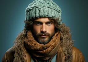 ai generato uomo vestito calorosamente nel un' di lana cappello e sciarpa. inverno volta. studio foto. ai generato foto
