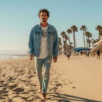 ai generato un' uomo indossare un' casuale denim giacca, a piedi giù un' soleggiato spiaggia con un' tavola da surf sotto il suo braccio foto