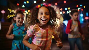 ai generato divertimento e giocoso foto di bambini danza e cantando lungo per loro preferito festa melodie