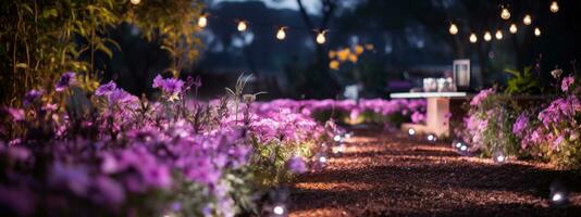 ai generato viola guidato luci sospeso al di sopra di parecchi fiore letti foto