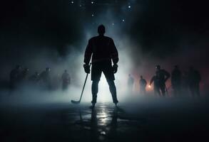ai generato silhouette di un' hockey giocatore silhouette è mostrato contro un' blu sfondo foto