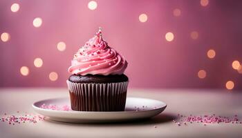 ai generato un' Cupcake con rosa glassatura e spruzzatori su esso foto