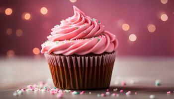 ai generato un' Cupcake con rosa glassatura e spruzzatori su esso foto