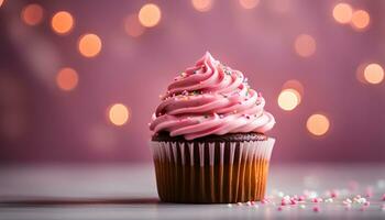 ai generato un' Cupcake con rosa glassatura e spruzzatori su esso foto