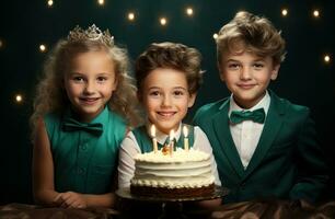 ai generato tre brillantemente illuminato bambini con compleanno torta foto