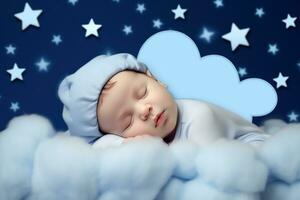 ai generato il bambino addormentato su il nube con stelle nel il sfondo foto