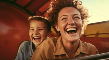 ai generato mamma e figlio Sorridi su cavalcata foto