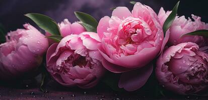 ai generato peonia fioritura rosa fiori su un' buio tavolo con bokeh sfondo foto