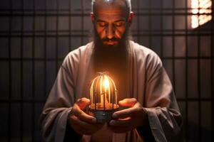 ai generato musulmano uomo Tenere un' candela e preghiere preghiera foto