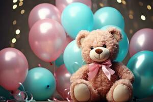 ai generato rosa orsacchiotto orso seduta con palloncini foto